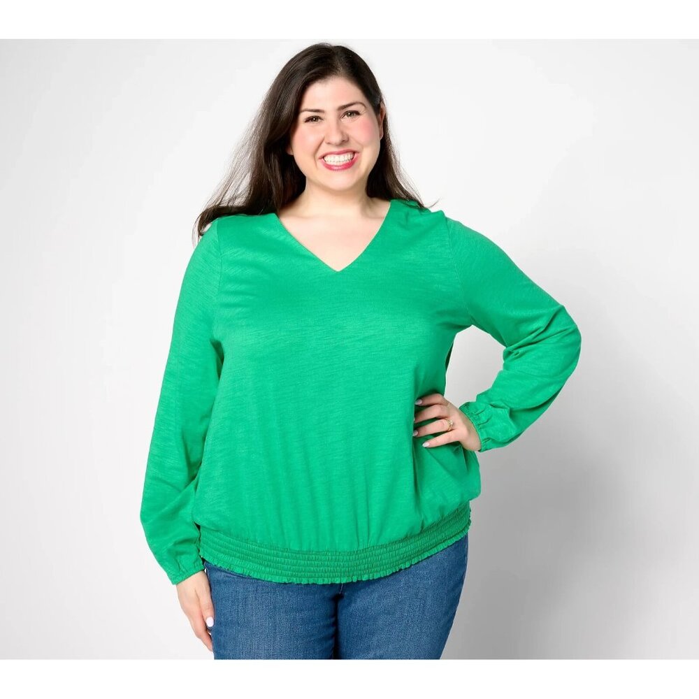 Belle by Kim Gravel Slub Knit Smocked Waist VNeck Top Bright Green Large A637450